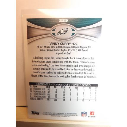 2012 Topps VINNY CURRY (Philadelphia Eagles) Rookie card #229