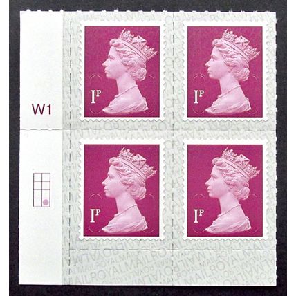 GB 2019 Machin SG U2920 1p Deep Crimson Block of 4 + Cylinder Margins (M19L) MNH