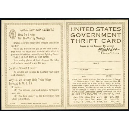 1917 Unused Thrift Card For WS1 Stamps * RARE! * Stuart Katz