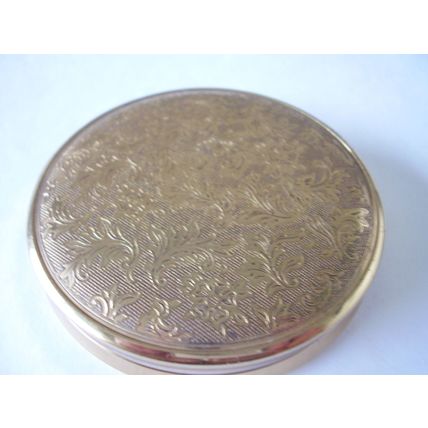 Vintage Powder Compact Floral Damask Pattern Gold-tone Cream Powder