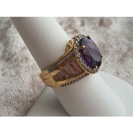 Lusaka Amethyst & White Topaz Oval Halo RING Sz O½ 14k Gold Overlay 925 Silver