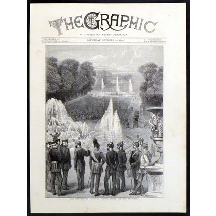 FOUNTAINS AT VERSAILLES - KING OF PRUSSIA 1870 VICTORIAN ENGRAVING
