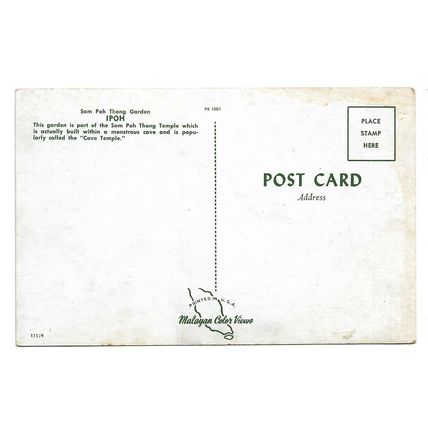 Postcard Malaysia Malaya Ipoh Sam Poh Thong Garden temple unposted mid 1950s