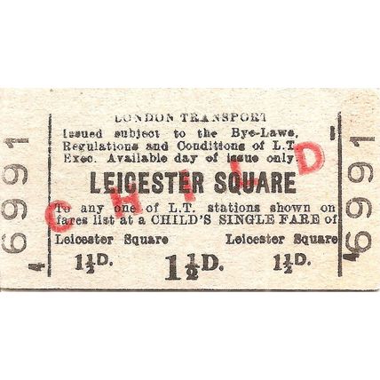 London Transport Edmondson Ticket - Leicester Square - 1½d.
