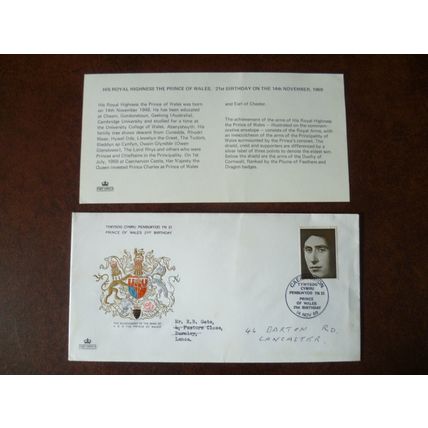 1969 GB Prince Charles 21st Birthday Arms Caernarvon Cover Readdressed Lancaster