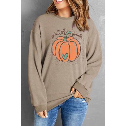 Khaki Give Thanks Pumpkin Graphic Corded Sweatshirt