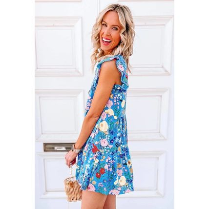 Sky Blue Floral Flutter Sleeve V Neck Ruffled Dress