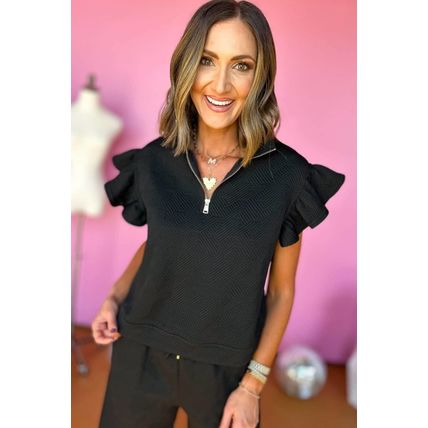 Black Plus Ruffled Sleeve Quarter Zip Top Wide Leg Pants Set