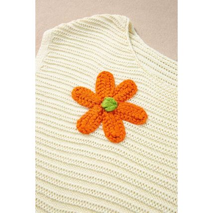 White Flower Crochet Round Neck Knitted Top