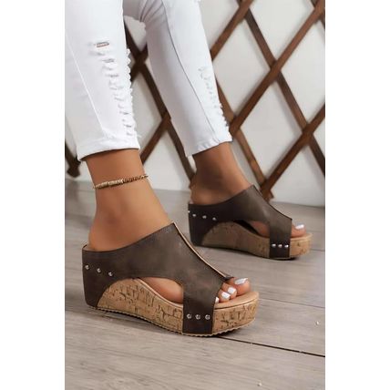 Chestnut Hollow Out Studded PU Leather Wedge Slippers