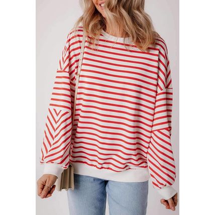 Orange Stripe Drop Shoulder Crew Neck Loose Sweatshirt