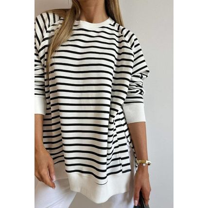 Black Stripe Raglan Sleeve Side Slits Loose Sweatshirt