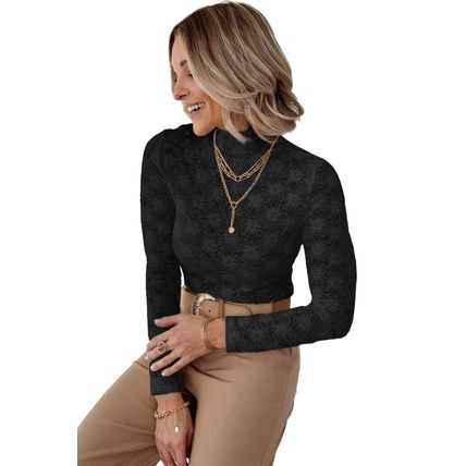 Black Floral Lace High Neck Long Sleeve Top