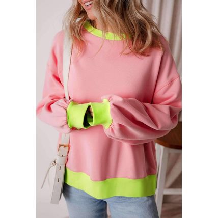 Pink Colorblock Bubble Sleeve Sweatshirt