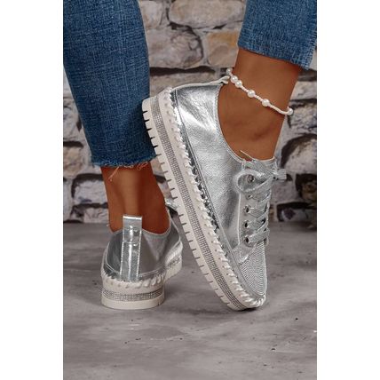 Silvery Rhinestone Metallic Sheen Lace-up Flat Shoes