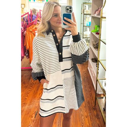 Black Stripe Colorblock Knit Henley Collar Shift Long Sleeve Mini Dress