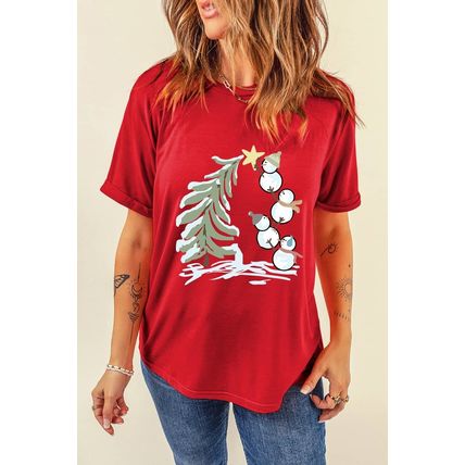 Red Christmas Tree Snowman Printed Crewneck T Shirt
