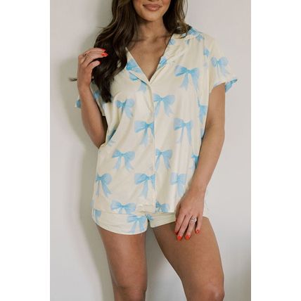 Yellow Bow Printed Short Sleeve Shirt Shorts Pajama Set