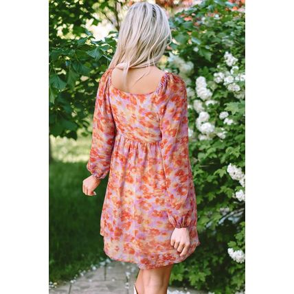 Rose Floral Print Square Neck High Waist Mini Dress