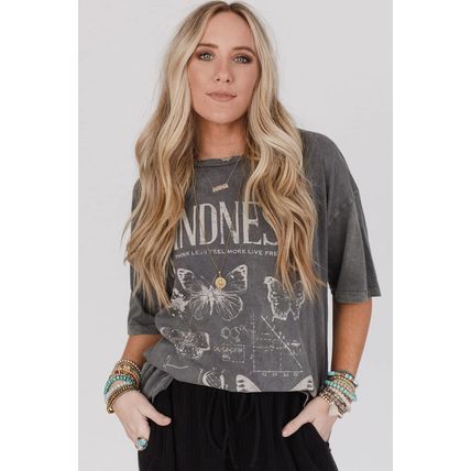 Dark Grey Kindness Butterflies Graphic Mineral Wash Loose Tee