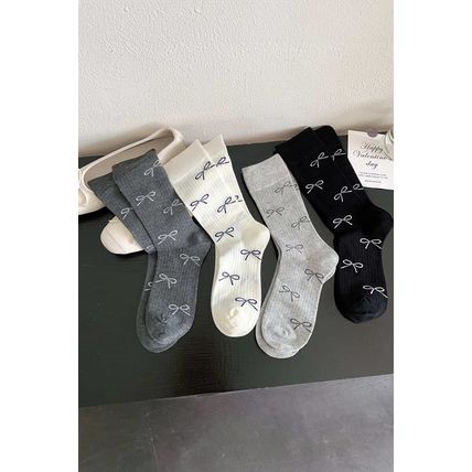 Gray Bow Knot Print Ribbed Crew Socks