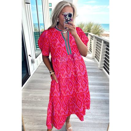 Red Allover Print Contrast Split Neckline Short Puff Sleeve Curvy Dress