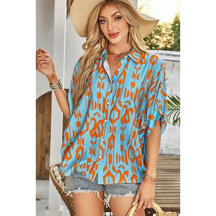 Sky Blue Abstract Print Dolman Short Sleeve Western Loose Shirt