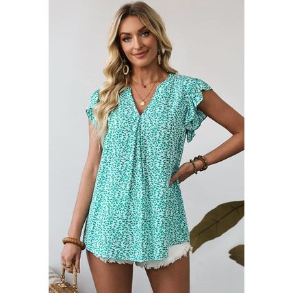 Green Notched V Neck Leopard Ruffle Short Sleeve Blouse