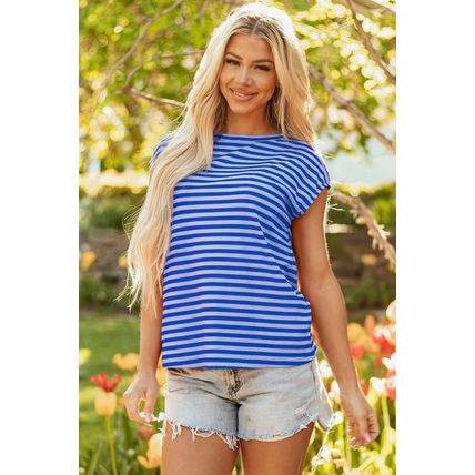 Sky Blue Stripe Ribbed Cap Sleeve Round Neck T Shirt