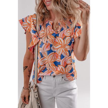 Orange Summer Flower Print Notched Neck Ruffle Sleeve Blouse
