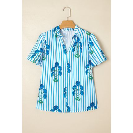 Sky Blue Stripe Floral Buttoned Frilly Notched Neck Puff Sleeve Summer Blouse