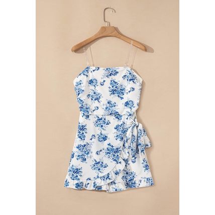Sky Blue Floral Print Strapless Zipped Back Knot Waist Ruffled Romper