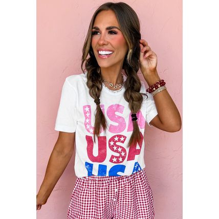 White USA Starry Letter Graphic Cotton Blend T Shirt