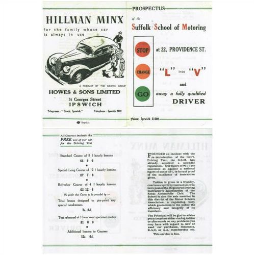 Advertising Leaflet Suffolk School of Motoring IPSWICH Learner c1950 Hillman Car