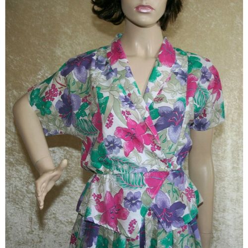 Vintage 1980 Bold Floral Peplum Jacket Skirt Suit Size 10