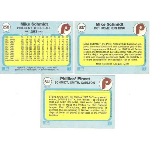 Three 1982 Fleer Mike Schmidt cards #258, #637 & #641- NM- HOF-Carlton