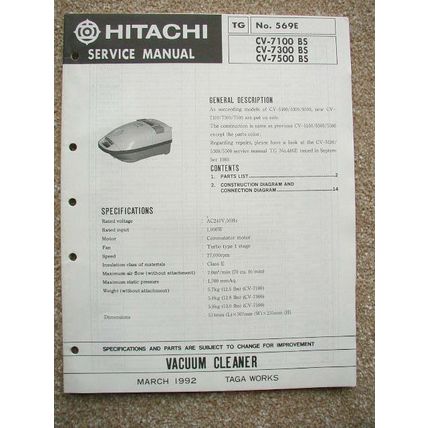 Hitachi Original service manual CV-7100 CV-7300 CV-7500 Vacuum Cleaner