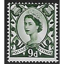 SG S12: 9d. bronze-green Scotland Regional Stamp: Queen Elizabeth II, no wmk.