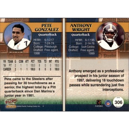 2000 Pacific Football Pete Gonzalez/Anthony Wright #306 RC