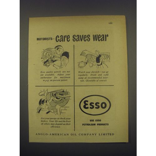 1949 Esso Oil Ad - Motorists - care saves wear