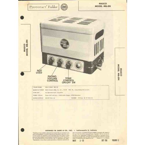MASCO model MB-8N 3 tube audio amplifier Sams Photofact manual