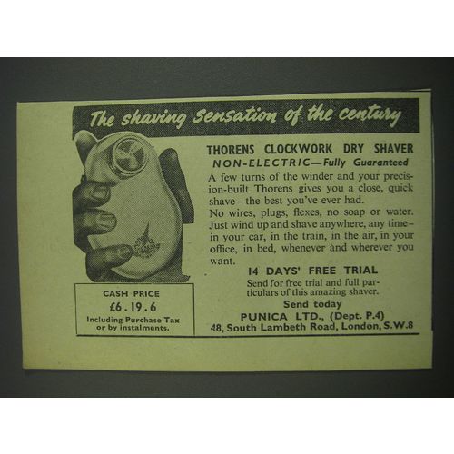 1957 Punica Thorens Dry Shaver Ad - The shaving sensation of the century