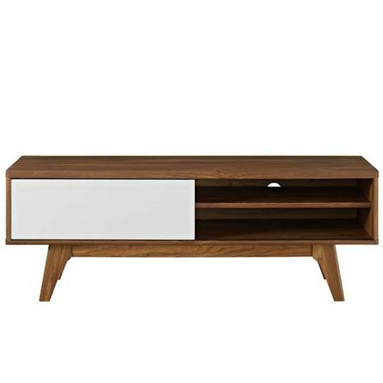 48" Mid Century Modern LED LCD DLP HD Walnut & White Low Profile TV Stand Media