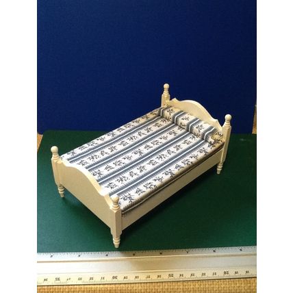White Double Bed with Blue White Striped Mattress 1:12th Dolls House Miniature