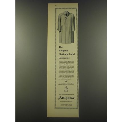 1956 Alligator Platinum Label Gabardine Coat Advertisement