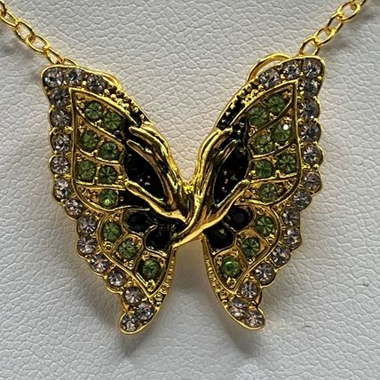 Necklace Rhinestone Butterfly Gold Tone Hands #629
