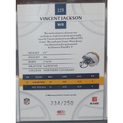 2008 Threads VINCENT JACKSON (Chargers) Jersey Patch #119 234/250