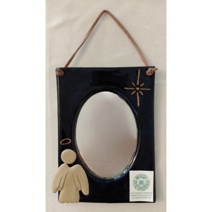 OVAL MIRROR BLUE CERAMIC FRAME ANGEL & STAR OF BETHLEHEM SIGNED BECKI MANCUSI