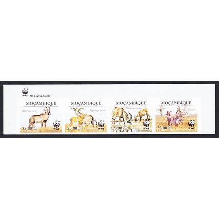 Mozambique WWF Roan Antelope Top Imperf strip of 4v WWF Logo 2010 MNH