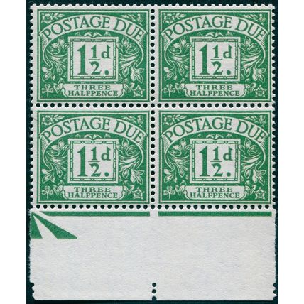 Great Britain 1956 1½d green Postage Due SGD48 MNH block x4